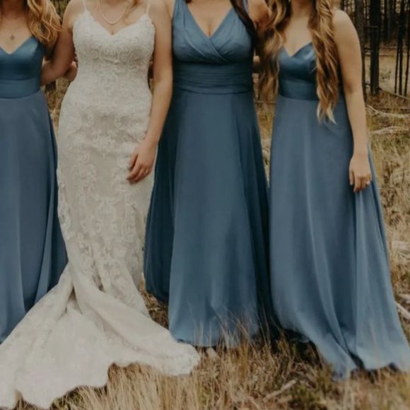 David's Bridal // Steele Blue Spaghetti Strap Satin Top Chiffon Bridesmaid Dress - Picture 3 of 7